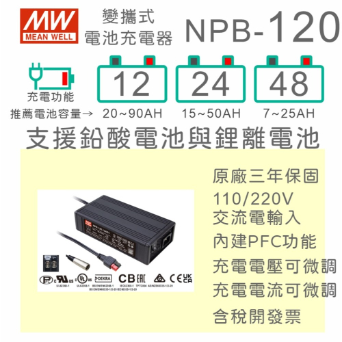 【保固附發票】MW 明緯 120W 鉛酸 鋰離電池 便攜式工業級充電器 NPB-120系列 12V 24V 48V 電池