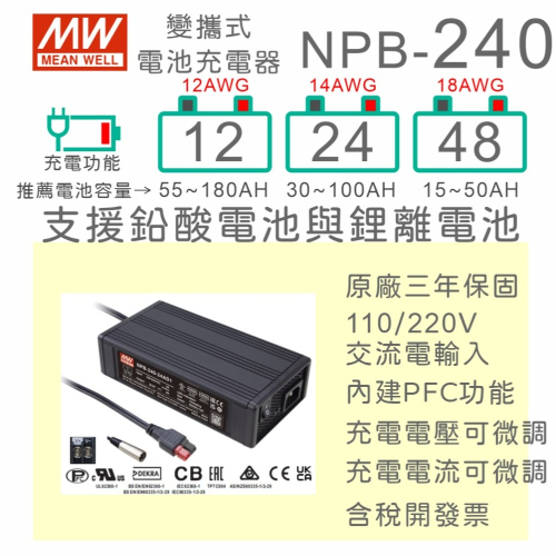 【保固附發票】MW明緯 240W 鉛酸 鋰離電池 便攜式工業級充電器 NPB-240-12 12V 55~180AH電池