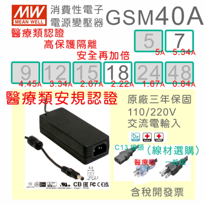 【保固附發票】MW明緯 40W 高信賴醫療級電源變壓器 GSM40A07 7.5V 18 18V 適配器 醫美 儀器設備