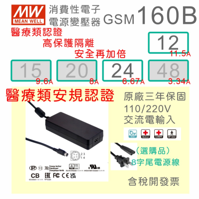 【保固附發票】MW明緯 160W 高信賴醫療級變壓器 GSM160B12 12V 24 24V 適配器 醫美 儀器 設備