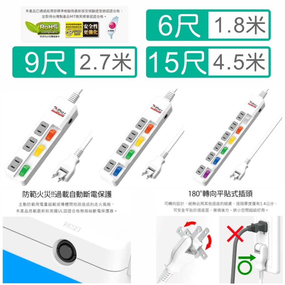 【台製附發票】平貼轉向插頭 3切3插座/孔 2P電源延長線/排插 2.7米 9尺 1650W/15A/AC110V-細節圖2