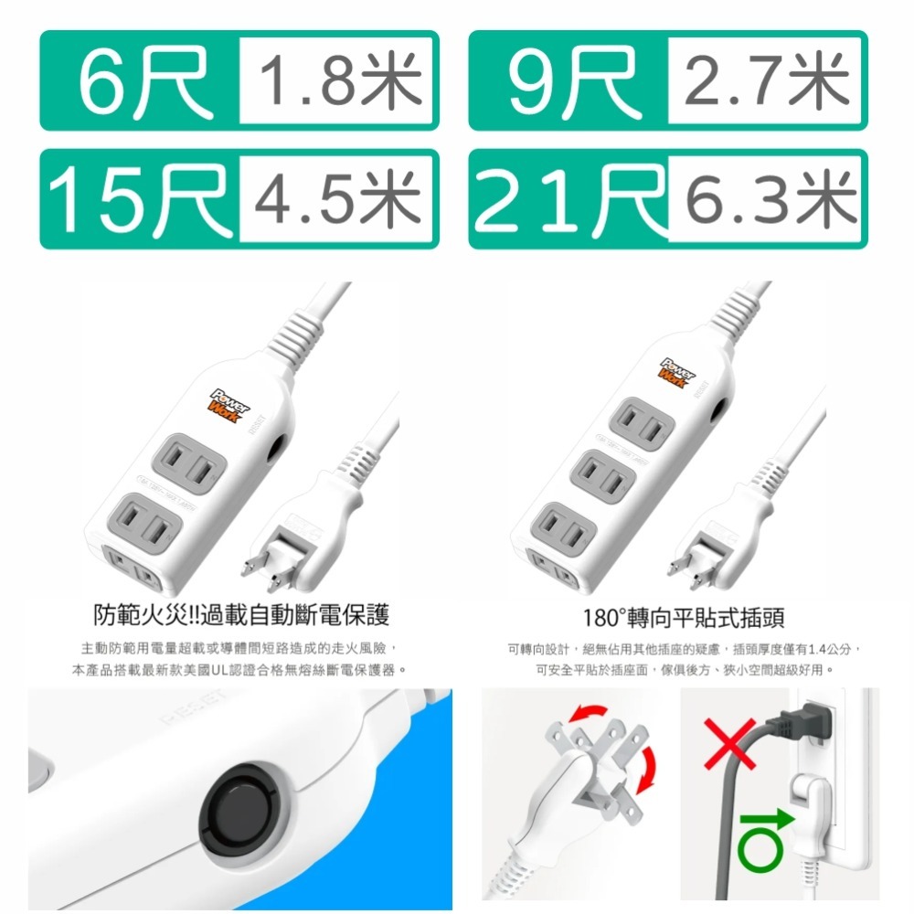 【台製附發票】平貼轉向插頭 2+1插座/孔 2P電源延長線/排插 2.7米 9尺 15A/110V/1650W-細節圖2