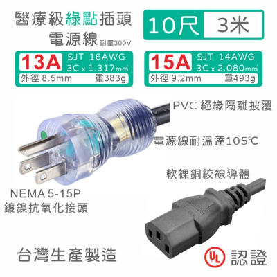 【台製附發票】NEMA5-15P IEC C13 醫療級綠點插頭 大電流 音響 電源線 10尺/3米 14/16AWG