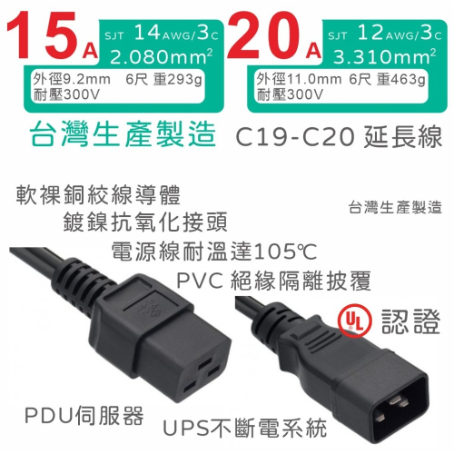 【台製附發票】IEC C19 轉 IEC C20 電源延長線 SJT 15A/20A 6尺 1.8米 PDU UPS