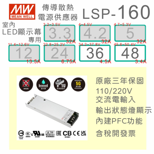 【保固附發票】MW明緯 160W 電源 LSP-160-36 36V 48 48V 無風扇無噪音 半灌膠 LED螢幕電源