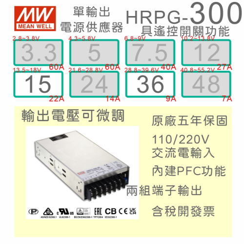 【保固附發票】MW 明緯 PFC 300W 長壽命電源 HRPG-300-15 15V 36 36V 馬達 LED驅動