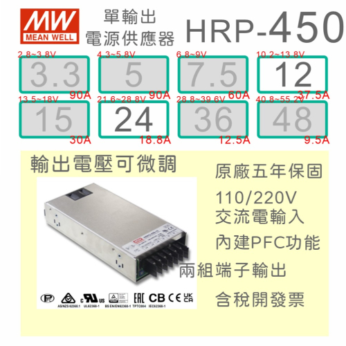 【保固附發票】MW 明緯 PFC 450W 長壽命電源 HRP-450-12 12V 24 24V 馬達 LED驅動