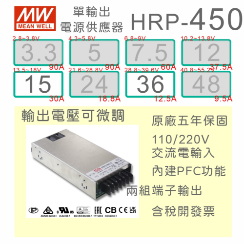 【保固附發票】MW 明緯 PFC 450W 長壽命電源 HRP-450-15 15V 36 36V 馬達 LED驅動器