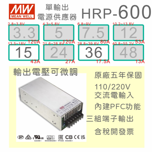 【保固附發票】MW 明緯 PFC 600W 長壽命電源 HRP-600-15 15V 36 36V 馬達 LED驅動器