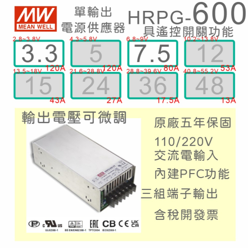 【保固附發票】MW 明緯 PFC 600W 長壽命電源 HRPG-600-3.3 3.3V 7.5 7.5V 馬達