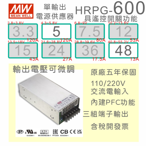 【保固附發票】MW 明緯 PFC 600W 長壽命電源 HRPG-600-5 5V 48 48V 馬達 LED 驅動器