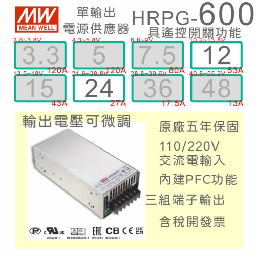 【保固附發票】MW 明緯 PFC 600W 長壽命電源 HRPG-600-12 12V 24 24V 馬達 LED 驅動