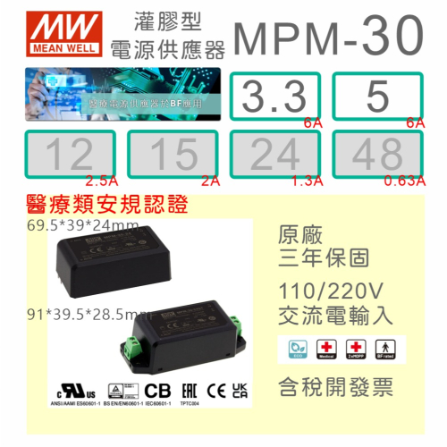 【保固附發票】明緯 30W 醫療級基板型密封電源 MPM-30-3.3 3.3V 5 5V 變壓器 Type BF