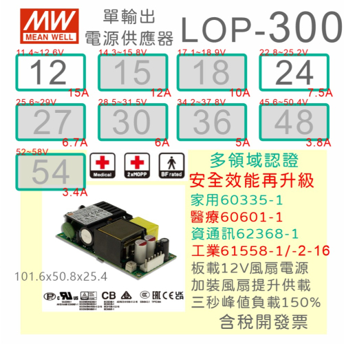 【保固附發票】MW 明緯 300W PFC PCB電源 LOP-300-12 12V 24 24V 變壓器 模組 主板