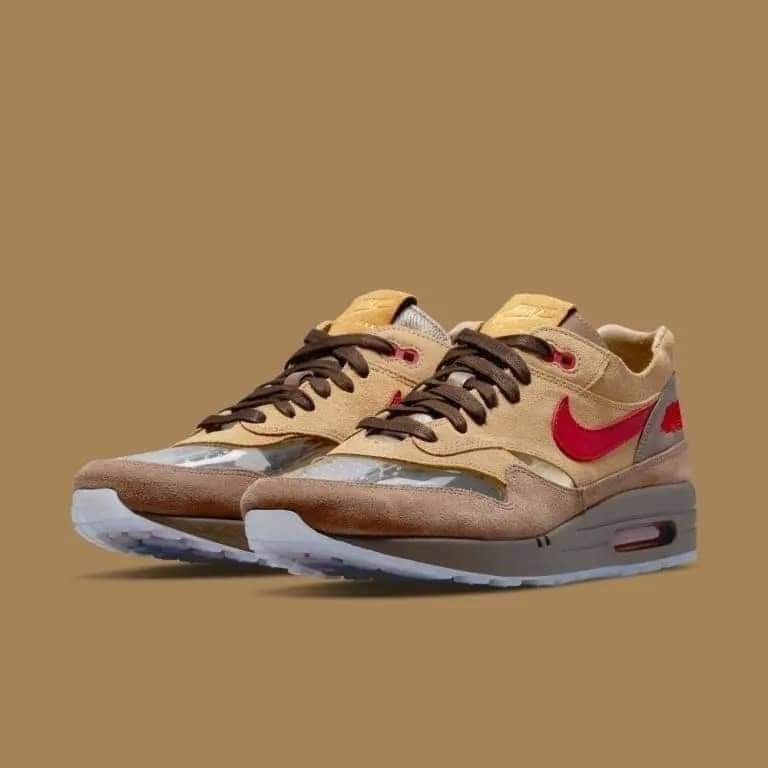 男CLOT X NIKE Air Max 1 死亡之吻冠C哥茶道透明鞋面麂皮休閒運動鞋