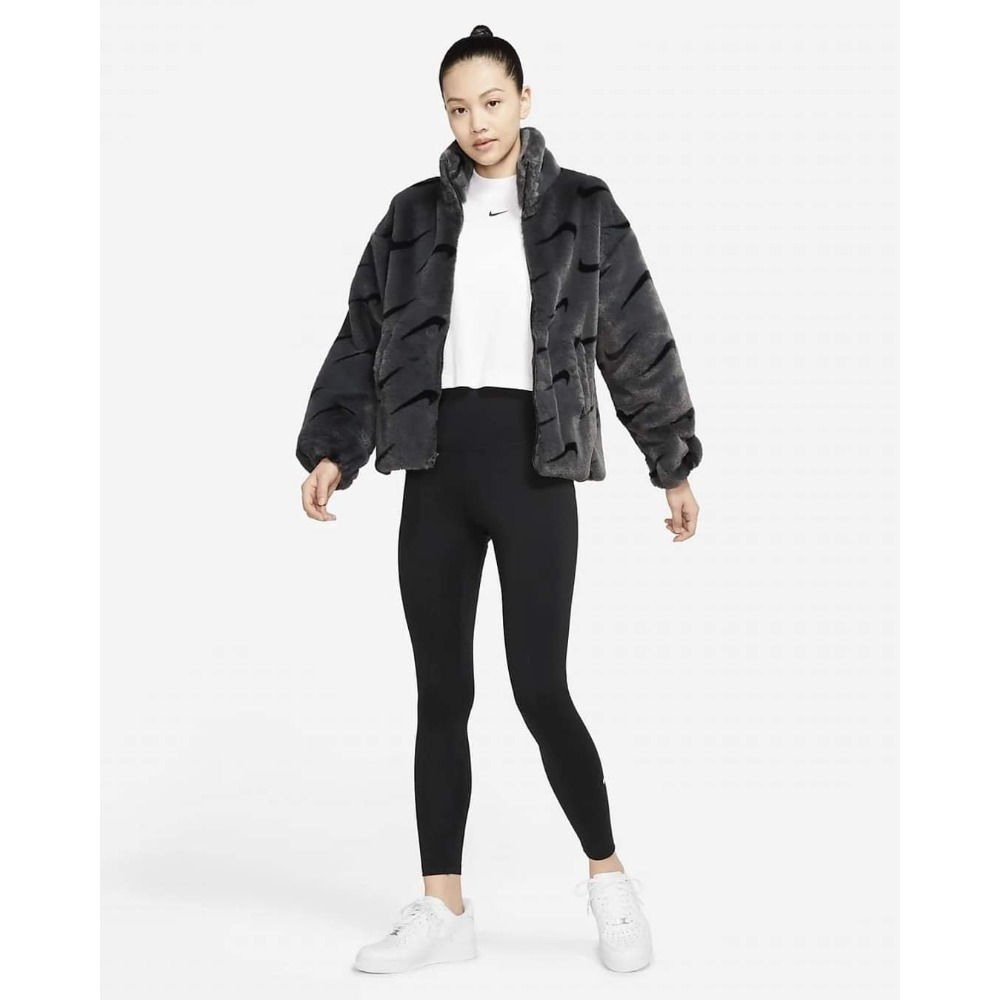 女子 Nike NSW Jacket 灰黑 滿版勾 長袖 人造毛皮 皮草 寬鬆 立領外套-細節圖6