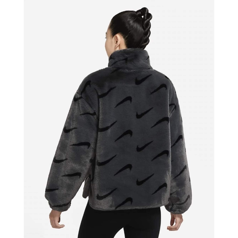 女子 Nike NSW Jacket 灰黑 滿版勾 長袖 人造毛皮 皮草 寬鬆 立領外套-細節圖9