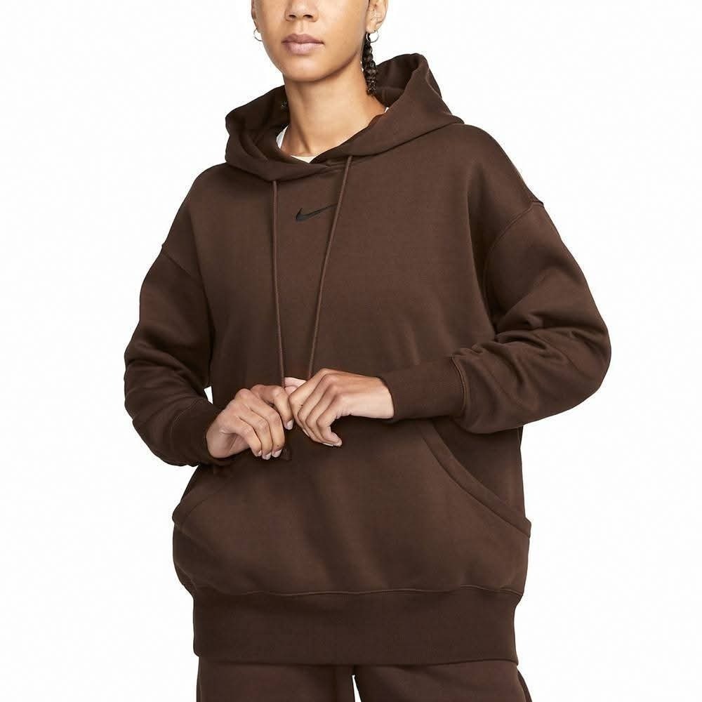 女子 Nike AS W Nsw Phnx Flc Os Po Hoodie 刷毛 保暖 刺繡LOGO 連帽上衣 咖啡-細節圖3