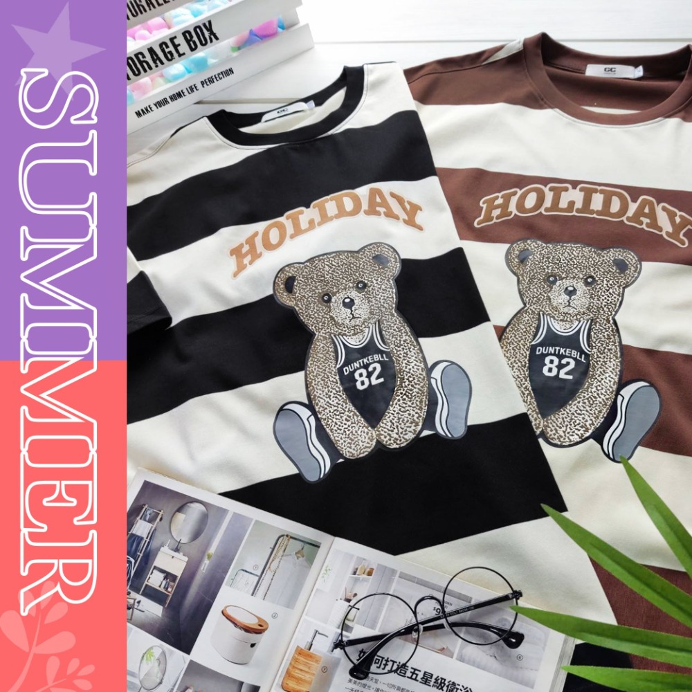 寬版OVERSIZE 熊熊圖 條紋T-細節圖2