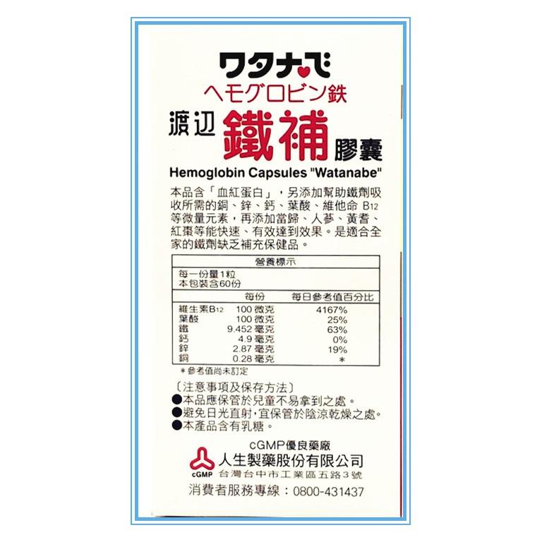 【Watanabe渡邊藥品工業】渡邊鐵補膠囊60顆 含血紅蛋白鐵 焦磷酸鐵 再添加當歸 人參 黃耆 紅棗 鐵質補充品鐵劑-細節圖2