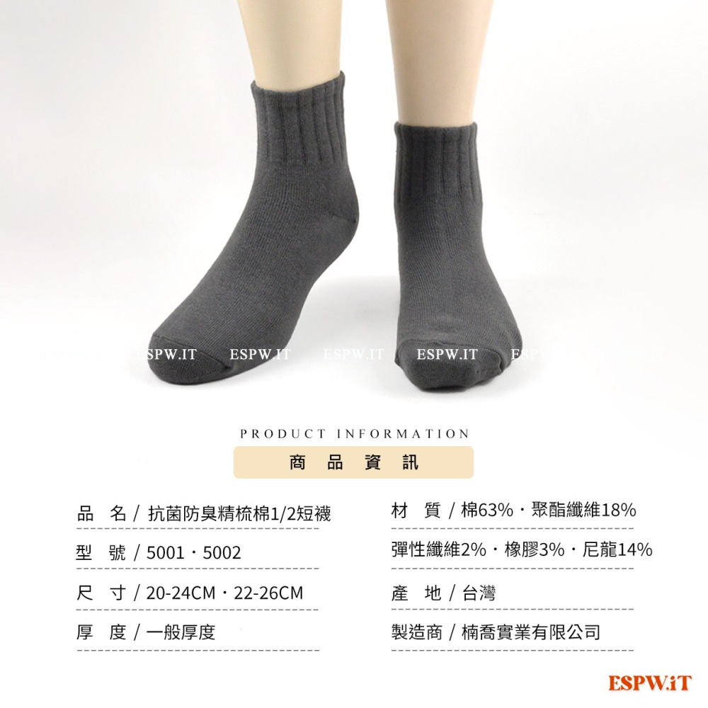 【ESPW.IT】羅倫佐 抗菌防臭精梳棉短襪 1/2襪 學生襪 144針 休閒襪 短襪 女襪 台灣製 5001、5002-細節圖4