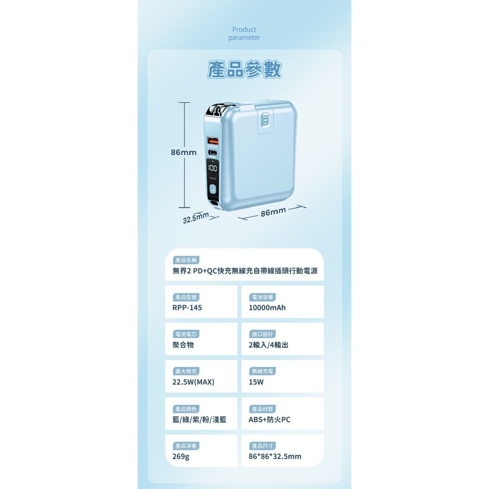 【現貨直出】REMAX 無界2 RPP-145 10000mAh PD+QC 快充+自帶線+插頭行動電源-細節圖9