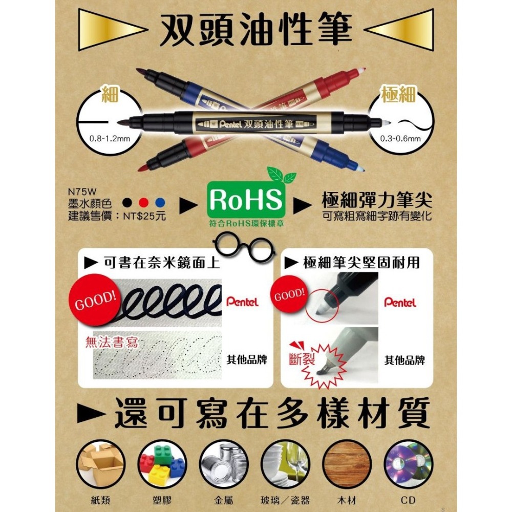 枕頭山 PETNEL 飛龍 N75W 雙頭 油性筆 奇異筆 麥克筆-細節圖5