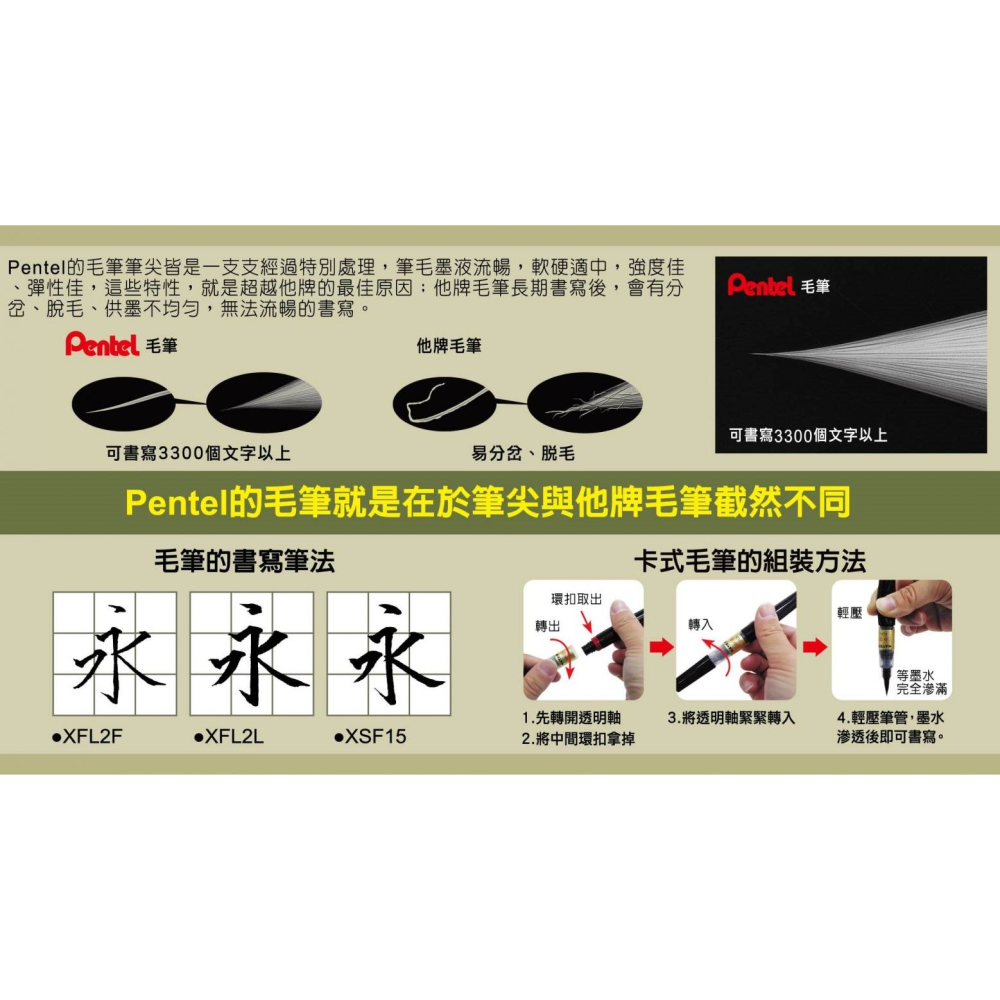 枕頭山 PENTEL 飛龍 XFL 粗字 中字 極細 卡式 毛筆-細節圖4