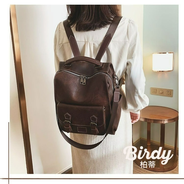 ⭐BIRDY柏蒂｜防潑水皮革後背包 質感復古皮革肩背包 3-way bag 可手提 斜背 休閒雙肩包 韓版小後背包-細節圖2