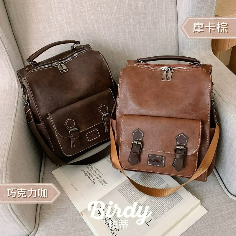 ⭐BIRDY柏蒂｜防潑水皮革後背包 質感復古皮革肩背包 3-way bag 可手提 斜背 休閒雙肩包 韓版小後背包-細節圖4