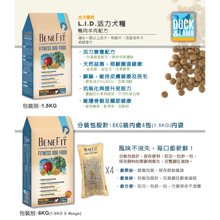 毛球寵物【BENEFIT 斑尼菲】L.I.D.狗糧/犬糧 6KG 高能犬-鴨肉糙米 活力犬-鴨肉羊肉 低卡犬-羊-細節圖2