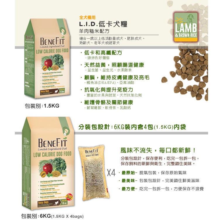 毛球寵物【BENEFIT 斑尼菲】L.I.D.狗糧/犬糧 6KG 高能犬-鴨肉糙米 活力犬-鴨肉羊肉 低卡犬-羊-細節圖4