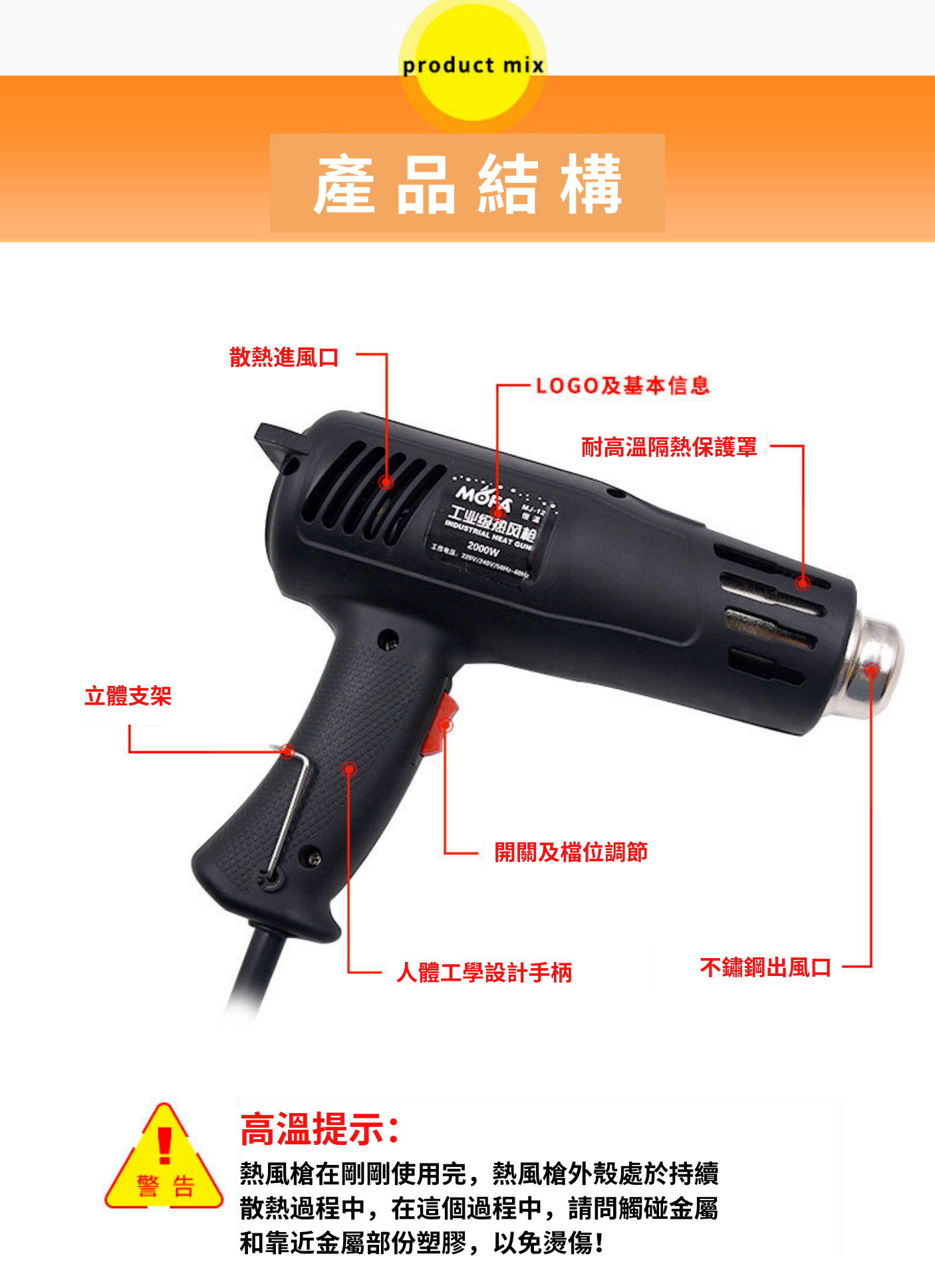 [台灣現貨]專業用熱風槍 110V/1200W 工業用 POF PVC 手作 包膜 熱縮膜 二段式調節 車用 恆溫 解凍-細節圖5