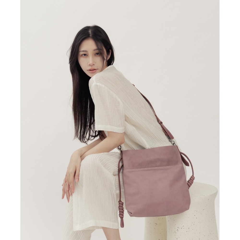 Supportingrole綁結設計廓型結構真皮手提肩斜背3用托特包 藕粉色-細節圖4