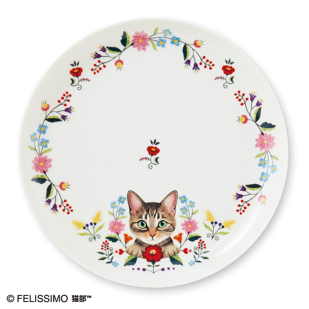 【現貨】FELISSIMO×貓部×霜田有沙 花園裡的小貓 東歐刺繡風格餐盤 日本製 可微波 圓盤 淺盤 ♡萌獸動物園♡-規格圖6