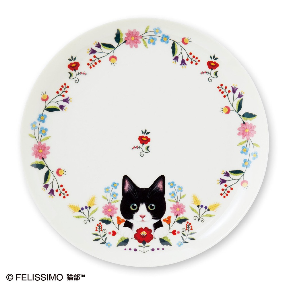 【現貨】FELISSIMO×貓部×霜田有沙 花園裡的小貓 東歐刺繡風格餐盤 日本製 可微波 圓盤 淺盤 ♡萌獸動物園♡-規格圖6