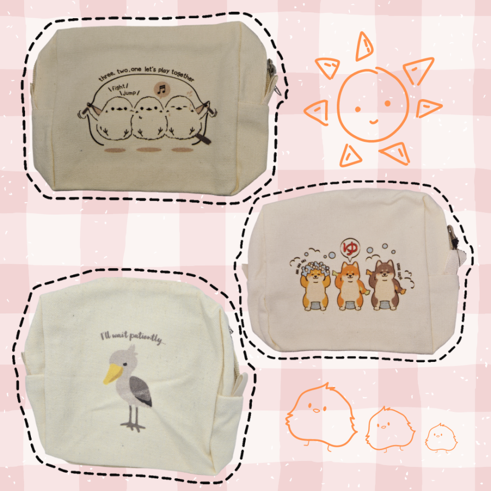 【現貨】illusie300 可愛動物塗鴉帆布收納包 零錢包 袋中袋 化妝包 鯨頭鸛 柴犬 牡丹鸚鵡 長尾山雀-細節圖4