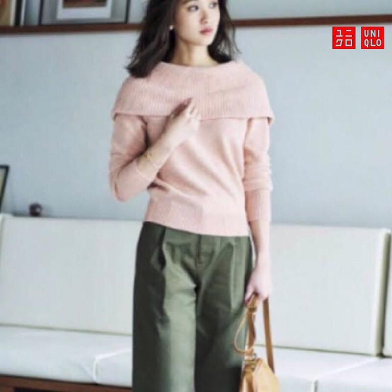 日本🇯🇵Uniqlo美人百花雜誌款粉色乾燥玫瑰色一字肩一字領針織毛衣上衣 毛料-細節圖2