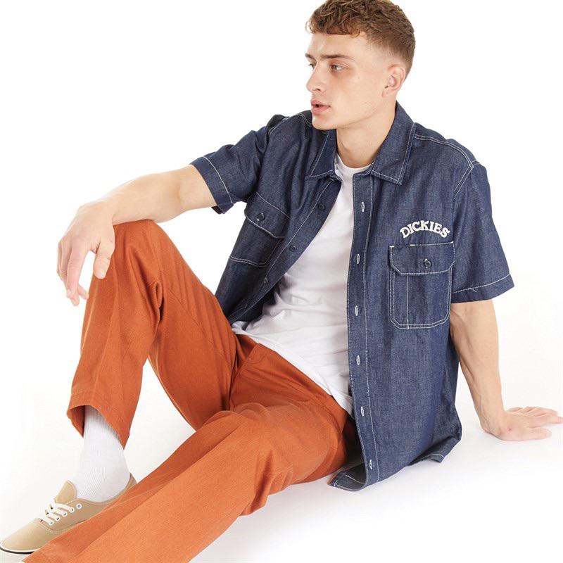 現貨Dickies牛仔短袖襯衫潮T口袋棉質鈕扣外套刺繡元素復古 歐美古著風景-細節圖2