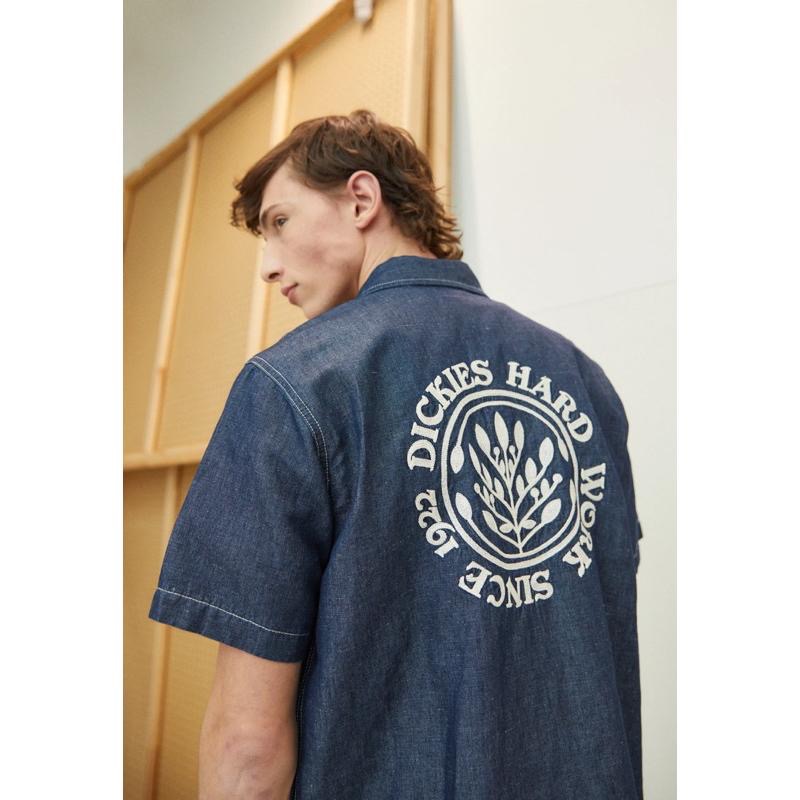 現貨Dickies牛仔短袖襯衫潮T口袋棉質鈕扣外套刺繡元素復古 歐美古著風景-細節圖8