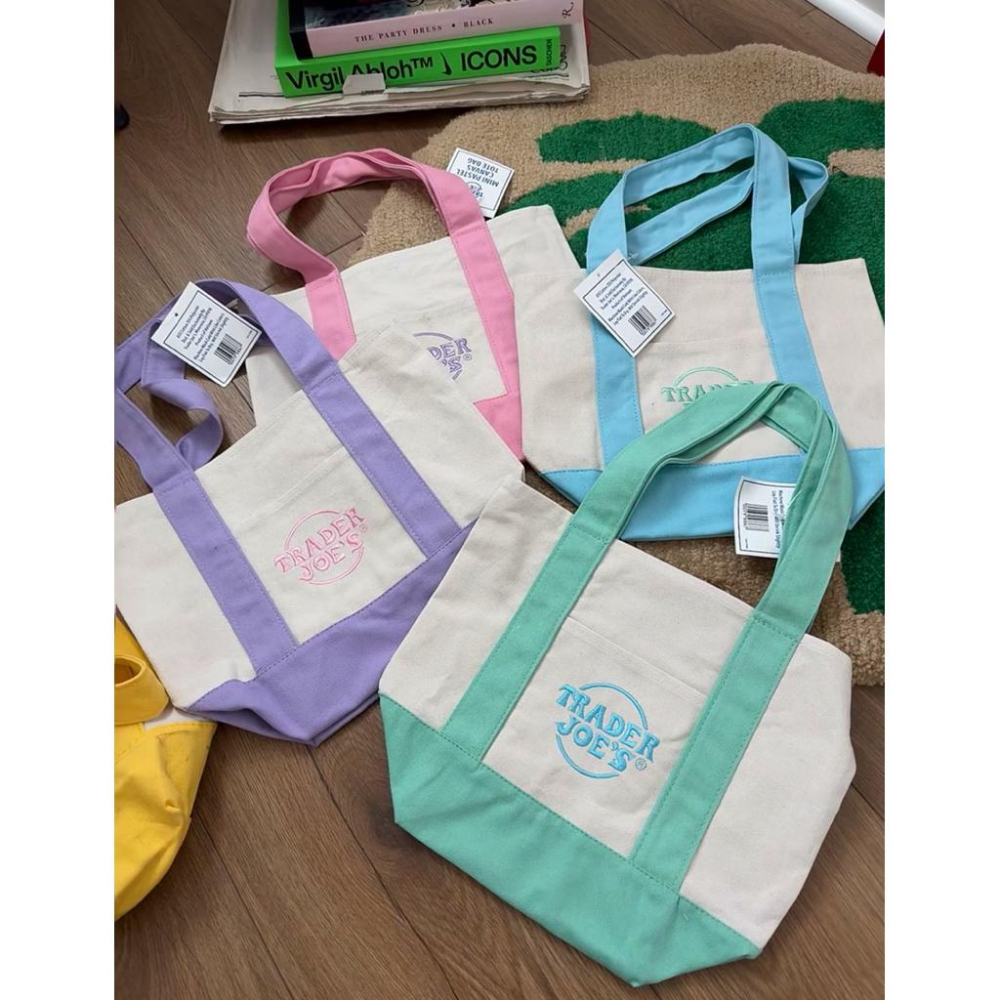 美國代購現貨🔥Trader Joe’s mini pastel 限量春日馬卡龍色系 迷你托特包 刺繡帆布 小托特 購物袋-細節圖2