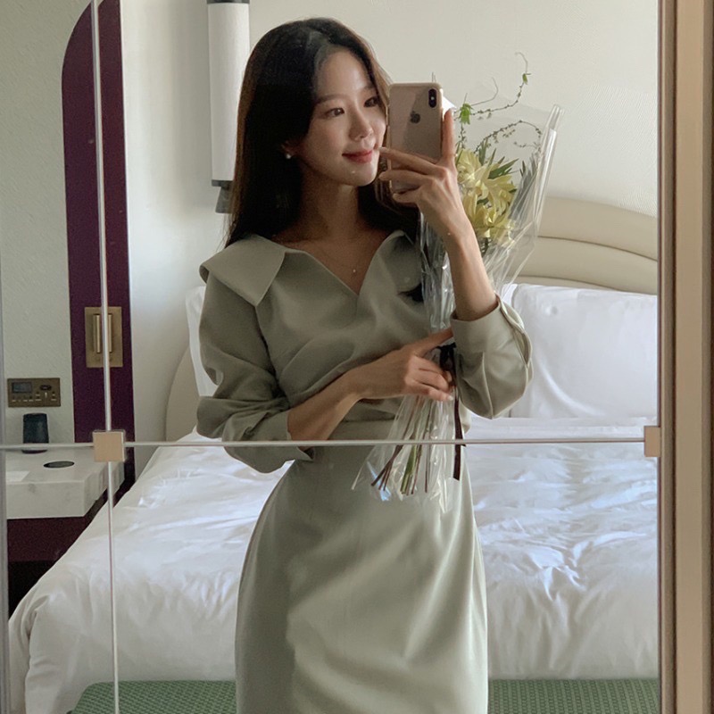 La Maison 氣質名媛V領褶皺繫扣顯瘦魚尾包臀洋裝-細節圖3