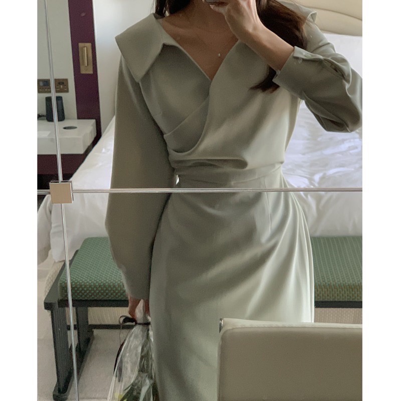 La Maison 氣質名媛V領褶皺繫扣顯瘦魚尾包臀洋裝-細節圖4