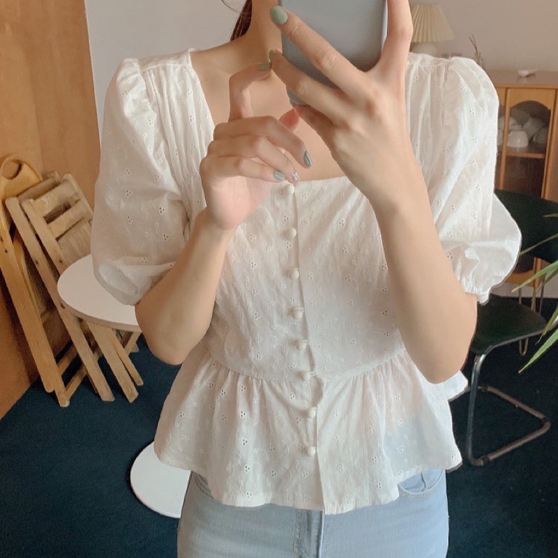 La Maison 迷人氣質方領排扣燒花鏤空收腰顯瘦上衣-細節圖2