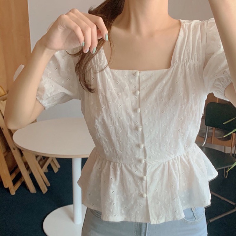 La Maison 迷人氣質方領排扣燒花鏤空收腰顯瘦上衣-細節圖3