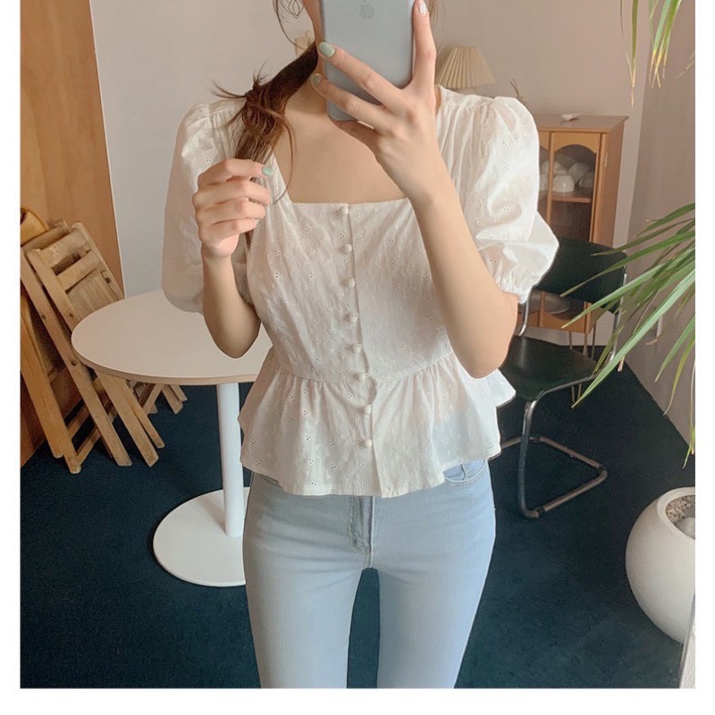 La Maison 迷人氣質方領排扣燒花鏤空收腰顯瘦上衣-細節圖4