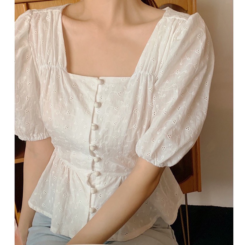 La Maison 迷人氣質方領排扣燒花鏤空收腰顯瘦上衣-細節圖5