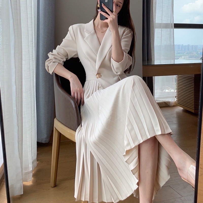 La Maison 法式優雅西裝翻領一粒釦腰帶百褶長袖洋裝-細節圖7