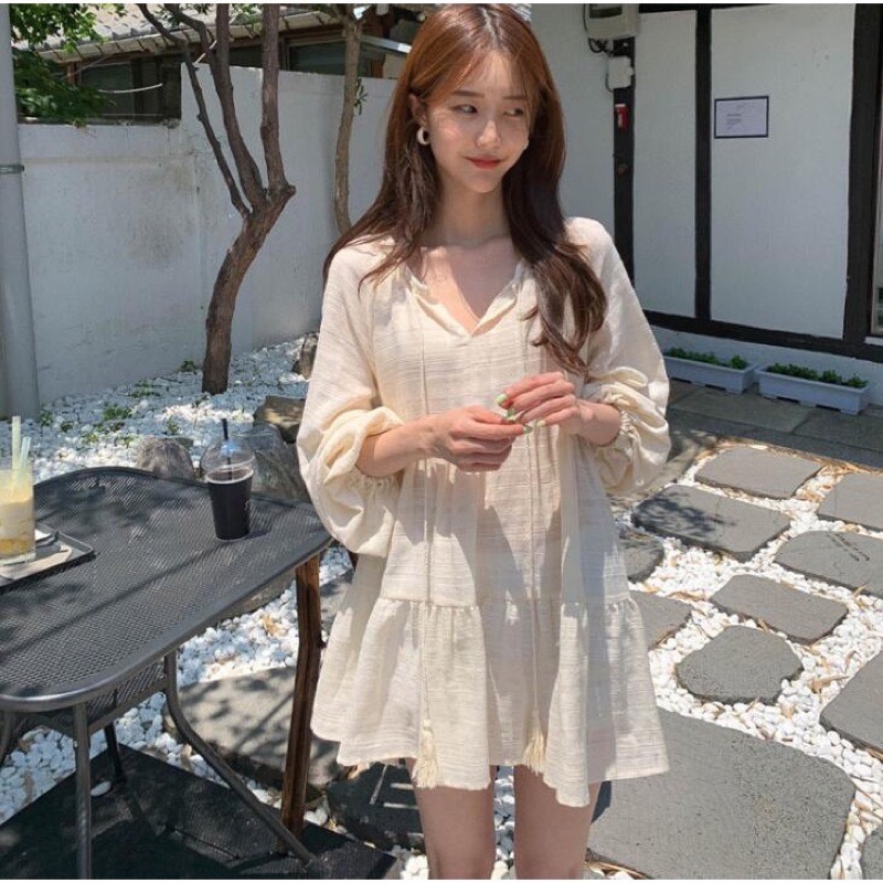 La Maison 韓國chic翻領棉麻流蘇寬鬆A字裙洋裝-細節圖2