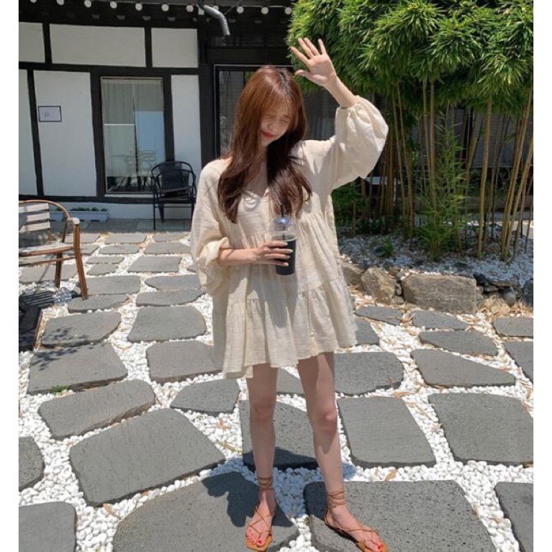 La Maison 韓國chic翻領棉麻流蘇寬鬆A字裙洋裝-細節圖3